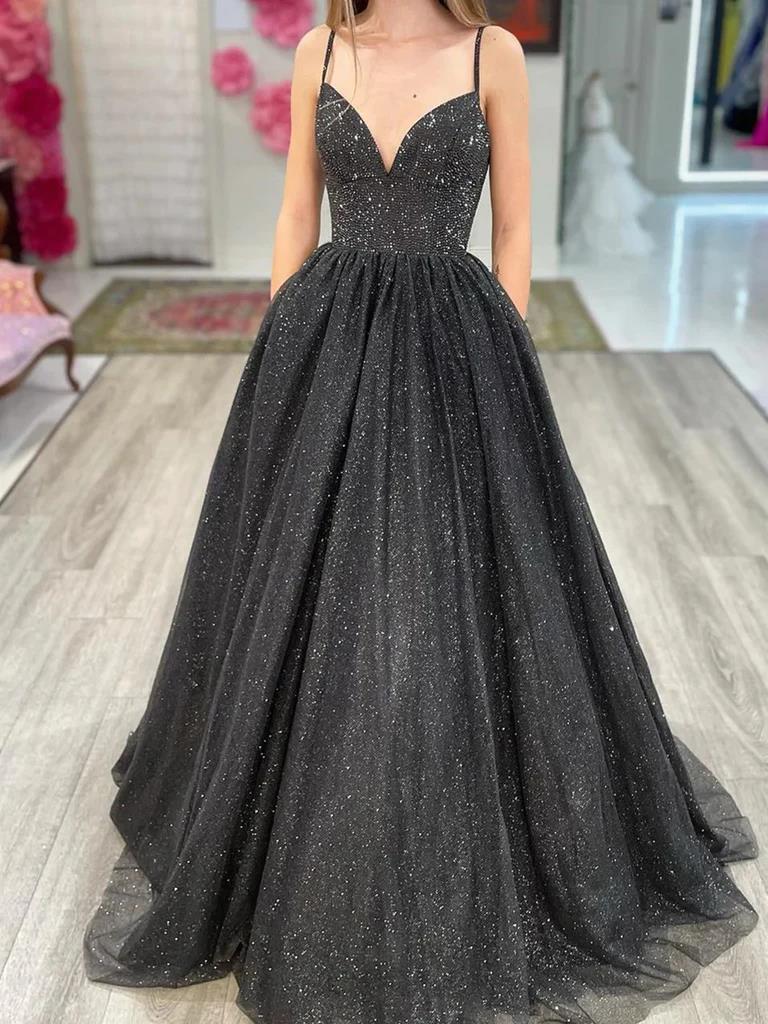 A Line Shiny V Neck Long Prom Dresses Long Formal Evening Dresses