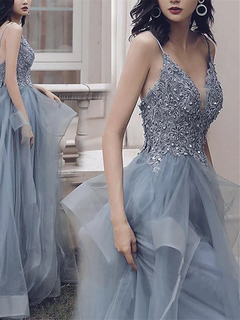 Deep V Neck Appliqued Spaghetti Straps Organza Bridal Dresses Prom Dresses