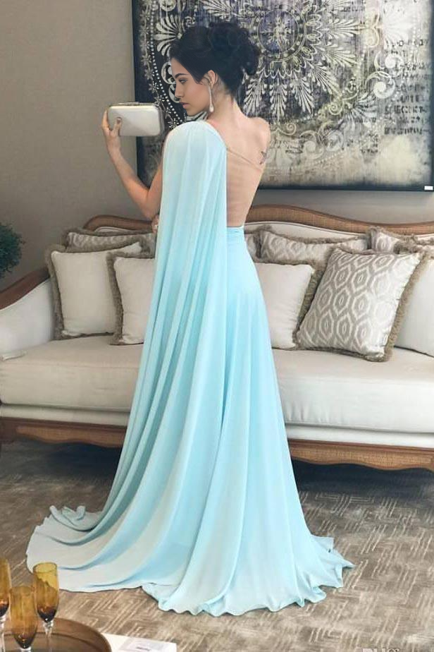 A-line One Shoulder Chiffon Pleats Sheer Illusion Back Light Blue Prom Gown