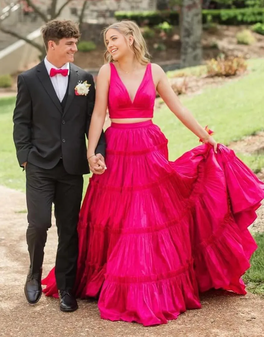 Two Piece A-Line V Neck Ruffled Fuchsia formal dresses evening dress Long Prom Dress