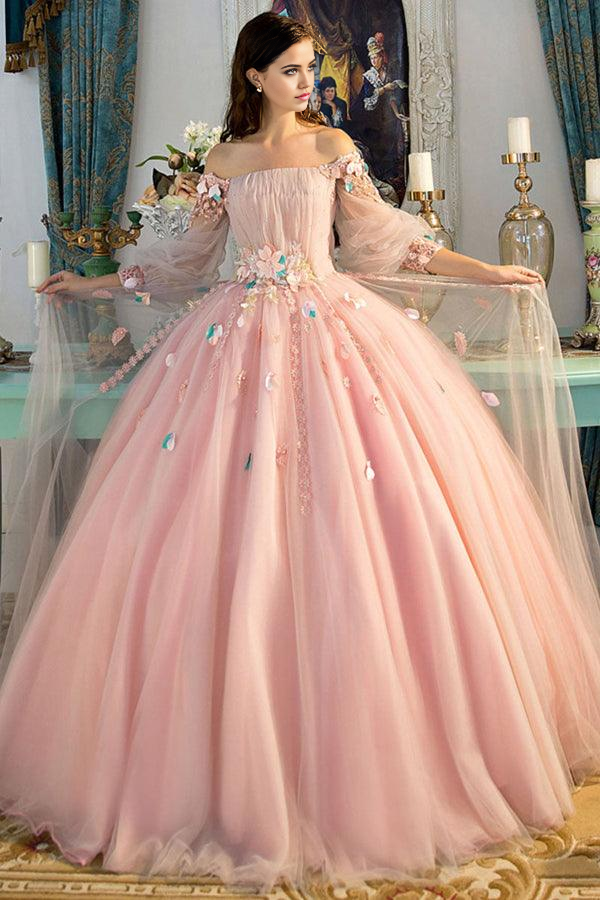 A-line Off The Shoulder Long Prom Dress Sweet Pink Evening Dress