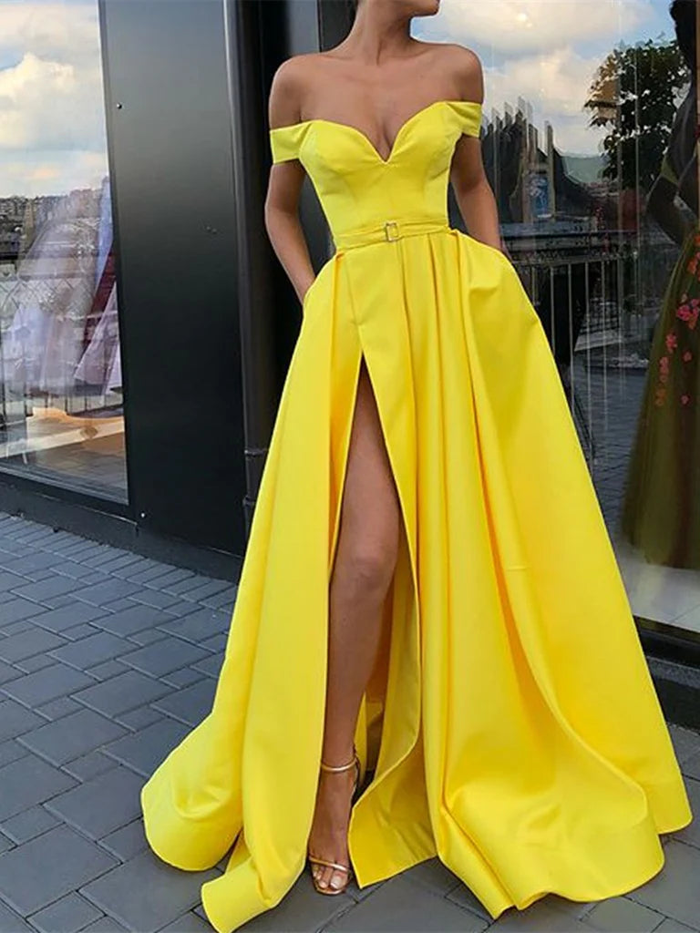 A Line Off Shoulder Long Prom Dresses Evening Dresses With Belt