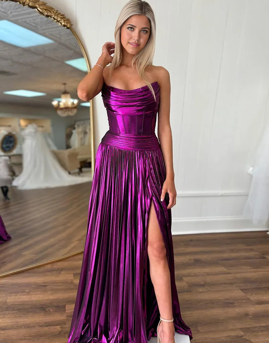 A-Line Strapless Ruched Corset Long formal dresses evening gown Prom Dress with Slit