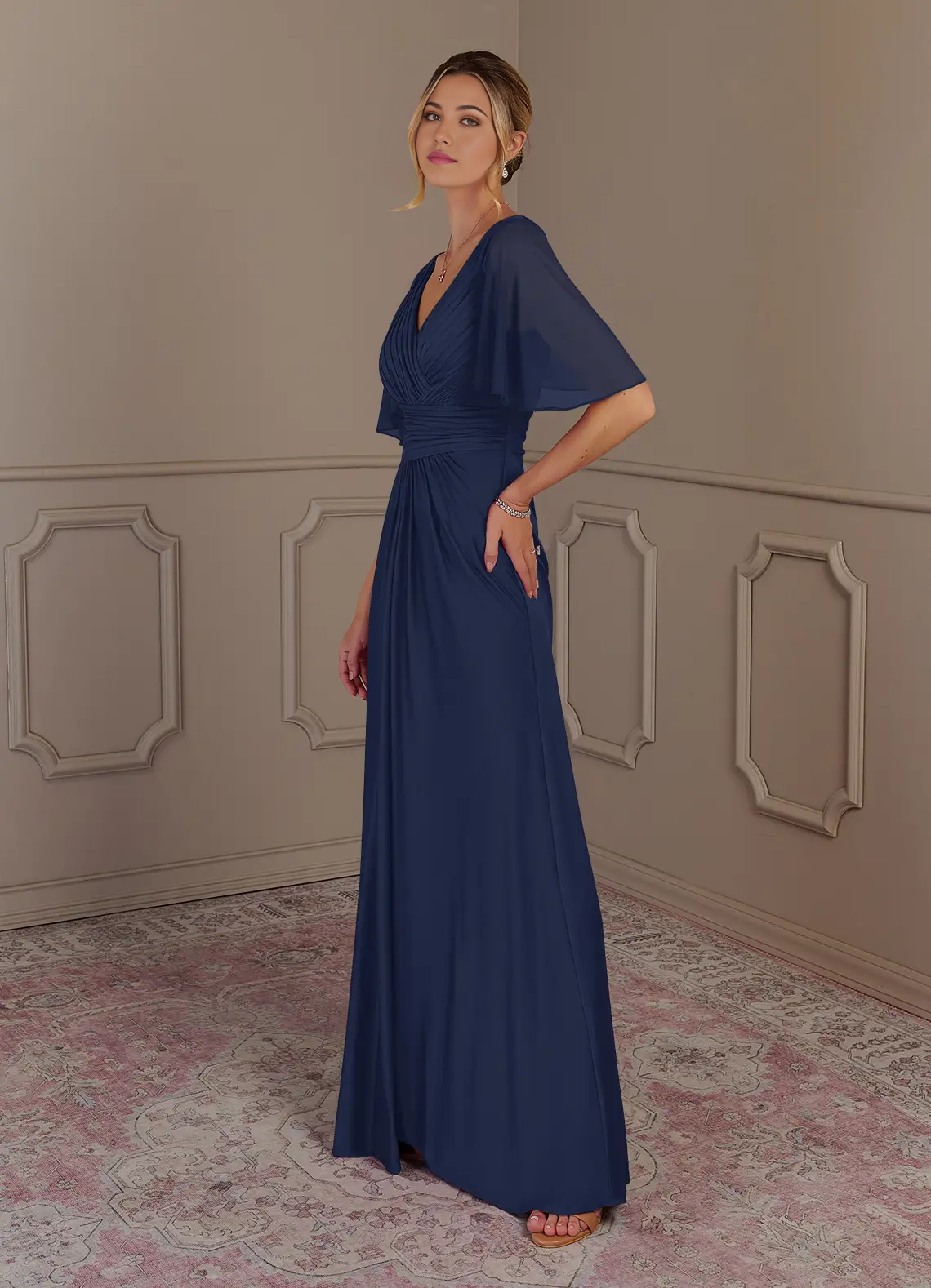 A-Line V-Neck Pleated Dark Navy formal dresses evening dress Mother of the Bride Dresses