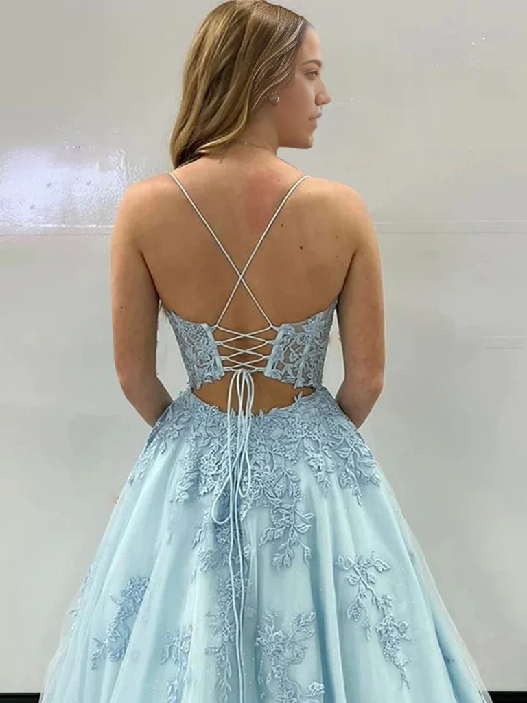 A Line Open Back Lace Long Prom Dresses Formal Evening Dresses