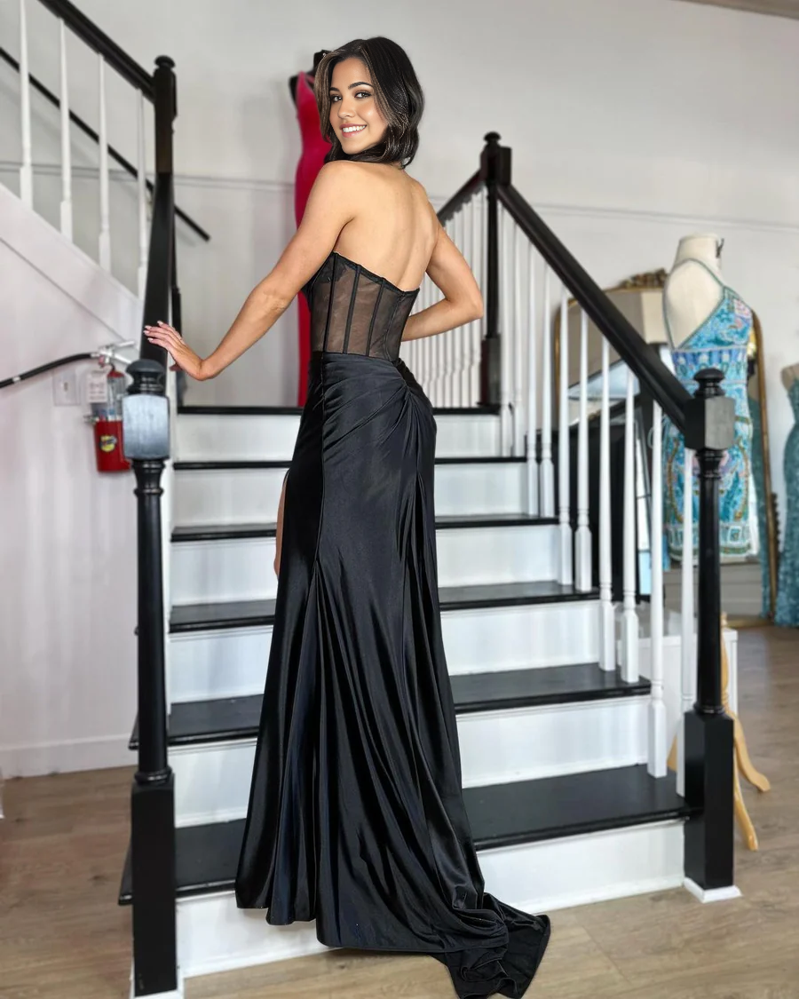 Mermaid Cowl Neck Satin Charming Prom Dresses with Slit