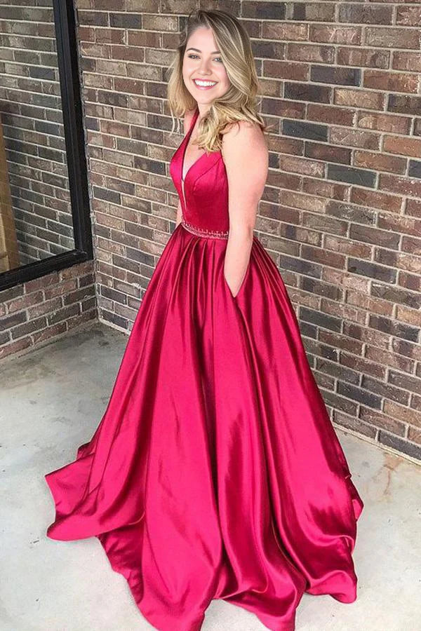 A line Satin V Neck Long Prom Dress Evening Dresses
