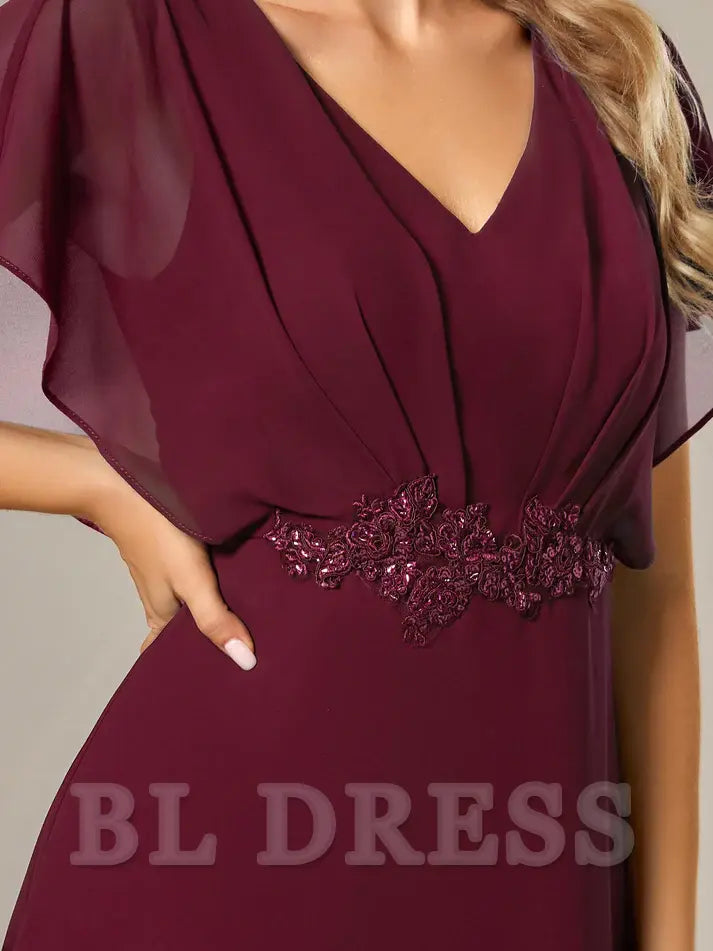 A Line V Neck Applique Tea Length evening gown formal dress Prom Dresses