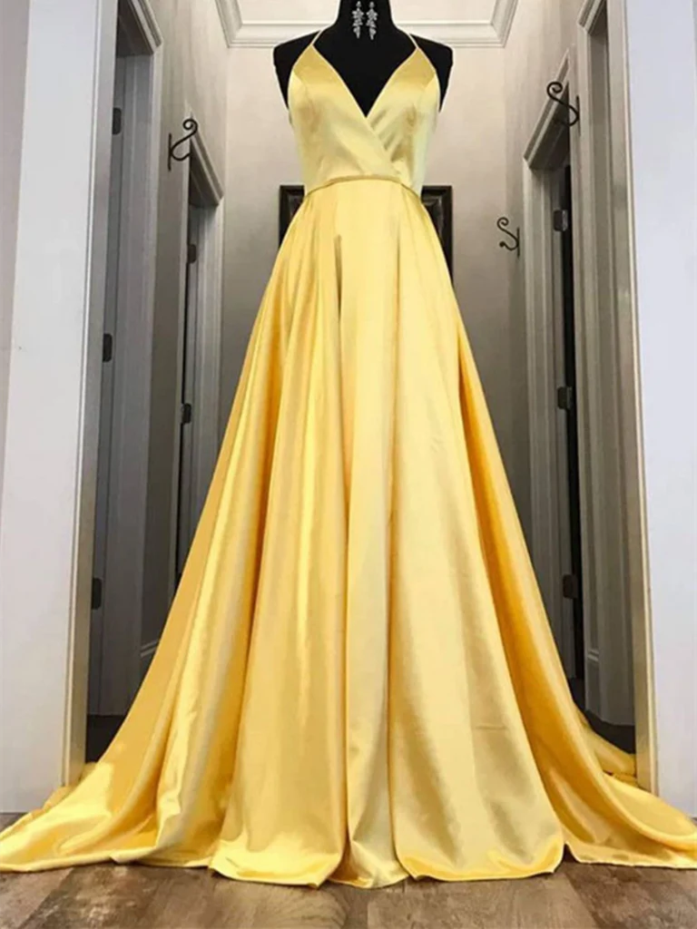 A-line V Neck Satin Long Prom Dress Evening Dress Formal Evening Dress