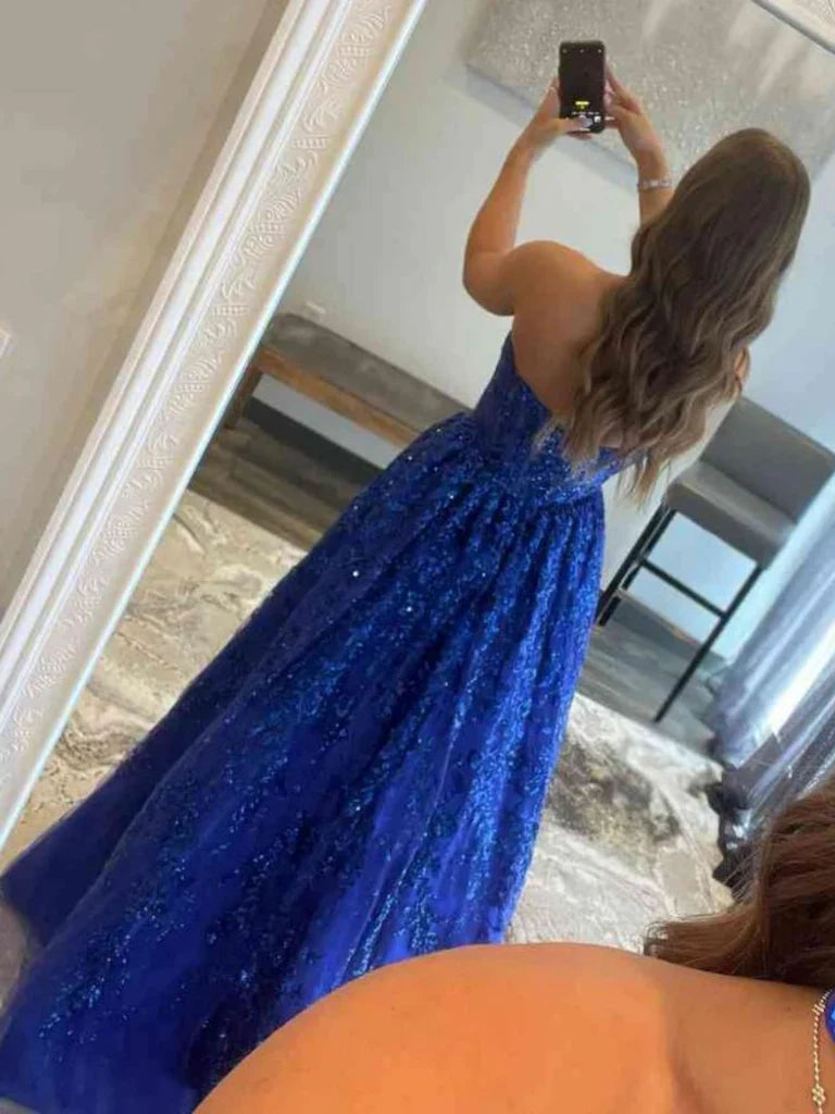 A-line Strapless Lace Long Prom Dresses