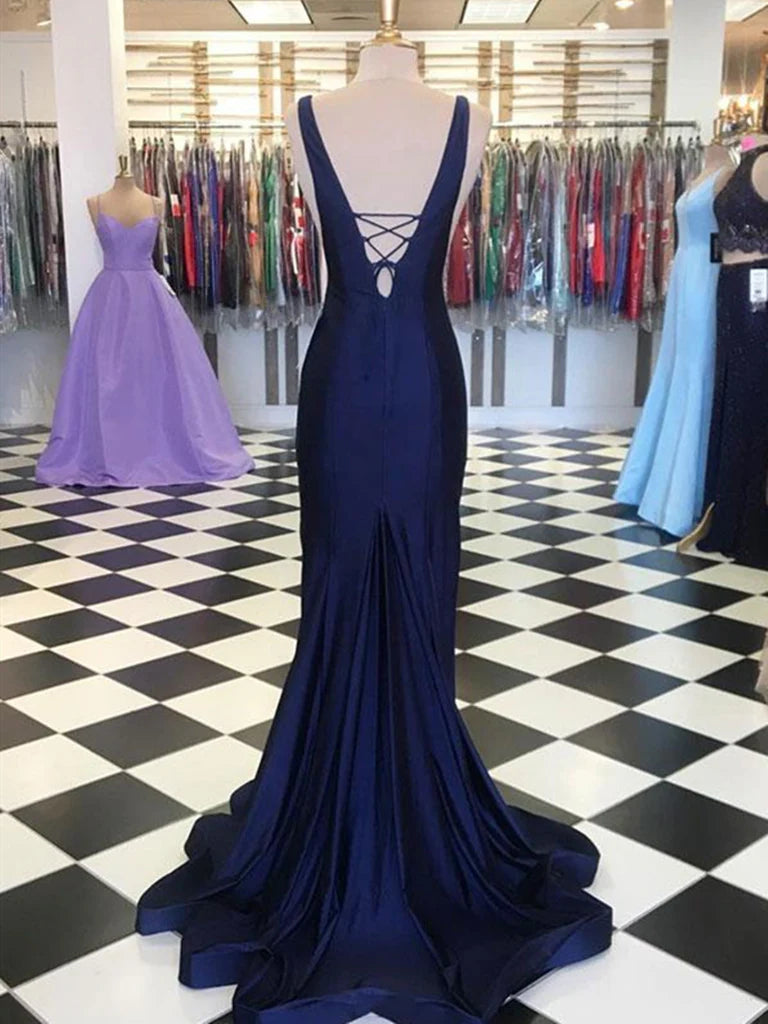 Mermaid V Neck Satin Long Prom Dress Formal Evening Dress