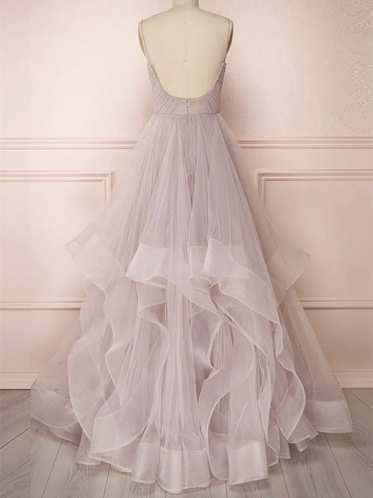Spaghetti Straps Backless Tulle Long Prom Dresses Formal Evening Party Prom Dresses