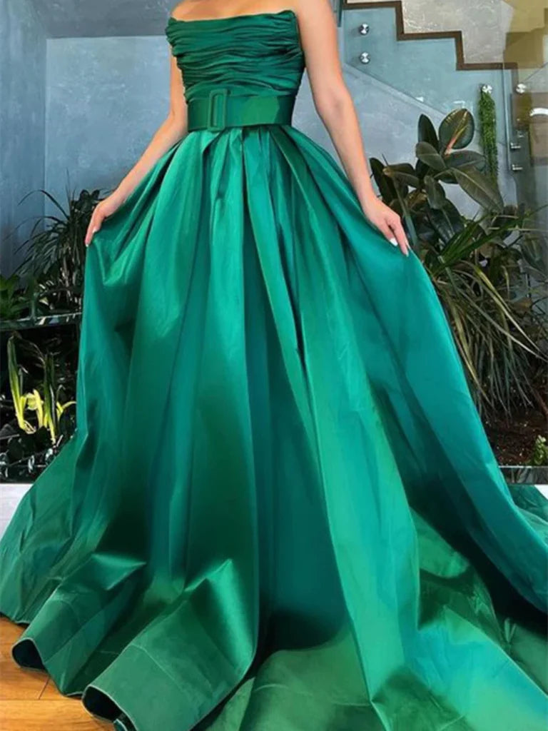 A Line Strapless Pleated Satin Long Prom Dresses