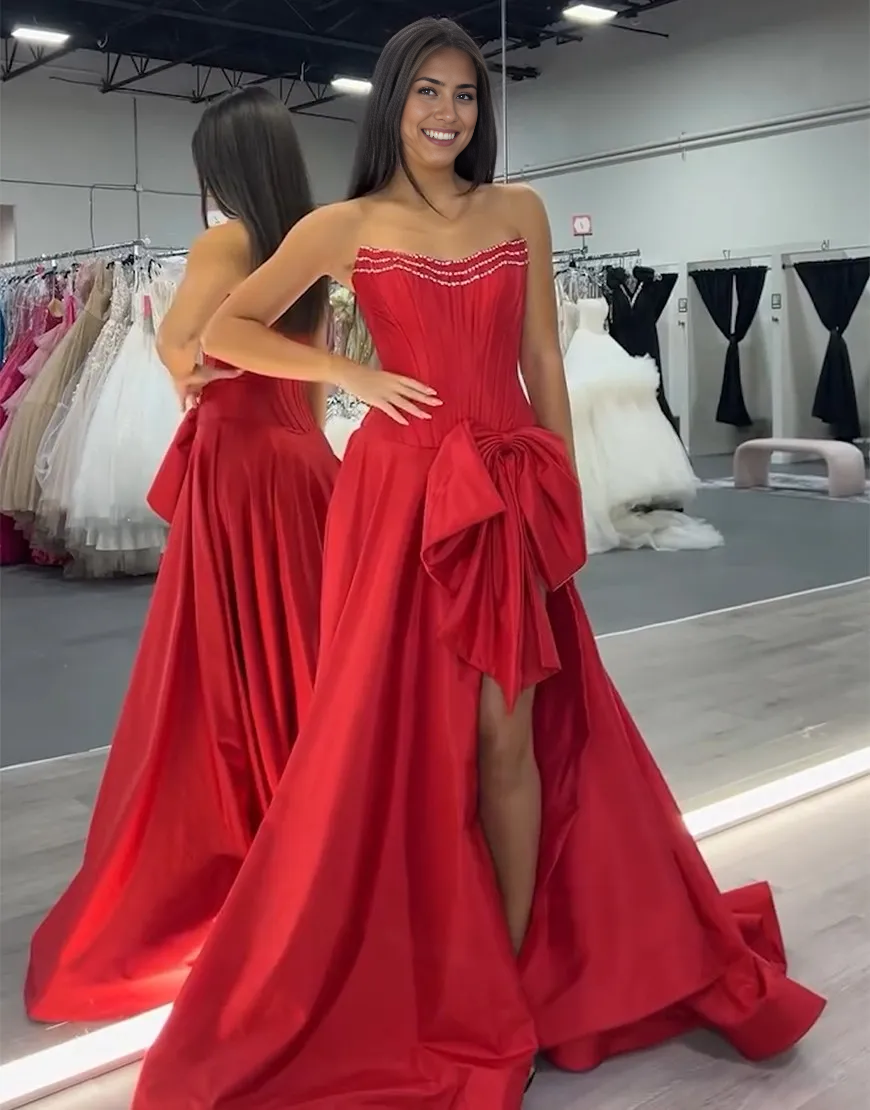 A-Line Sparkly Strapless Beaded Corset Satin Bow Red formal dresses evening dress Long Prom Dress with Slit