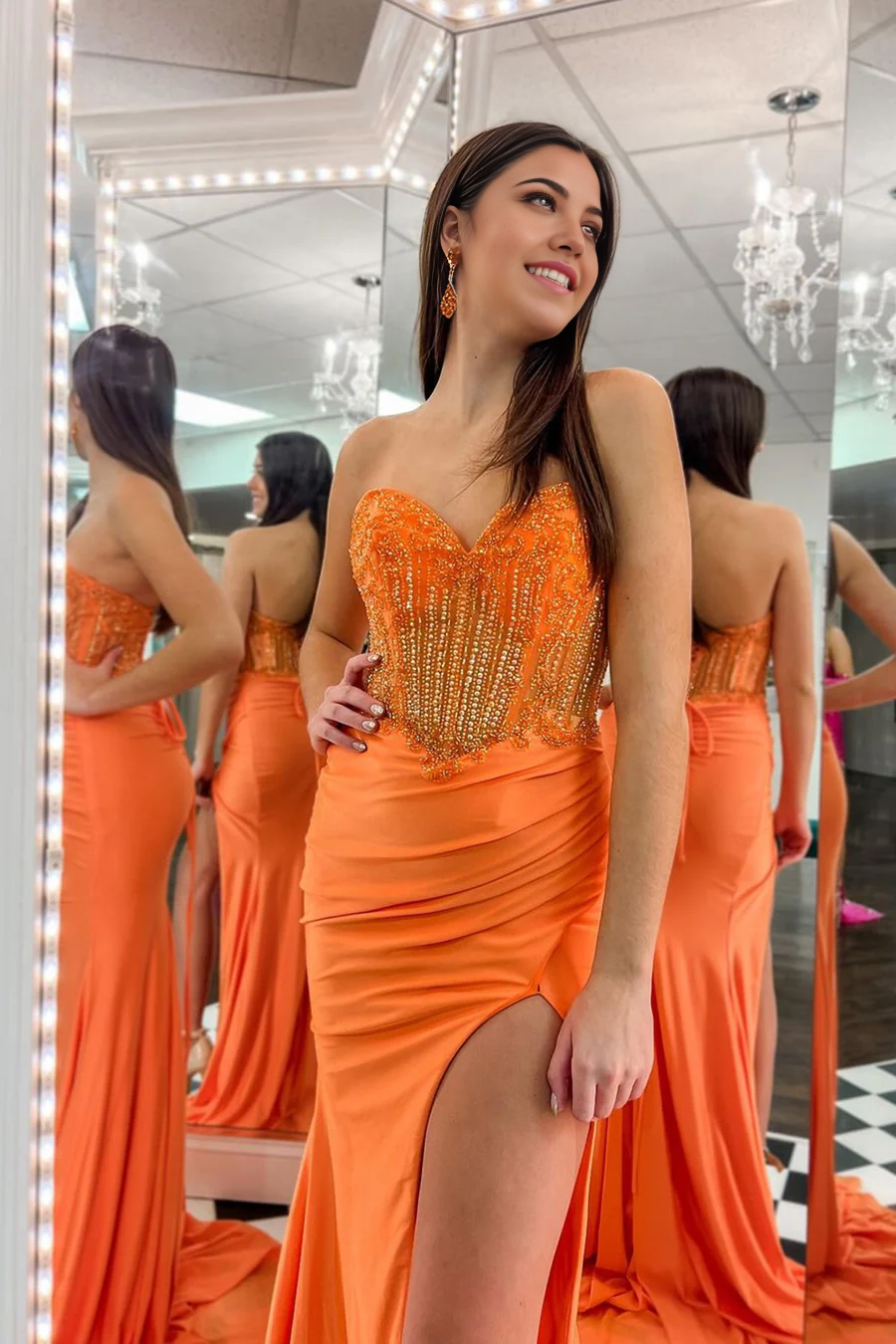 Mermaid Charming Sweetheart Orange Slit formal dresses evening gown Prom Dresses with Beading