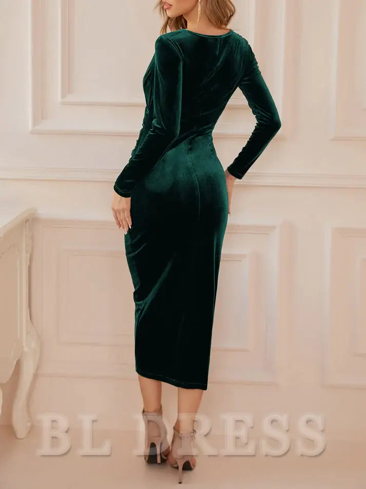 Sheath Elegant Velvet Long Sleeve Wrap V Neck Ruched evening gown formal dress Prom Dresses
