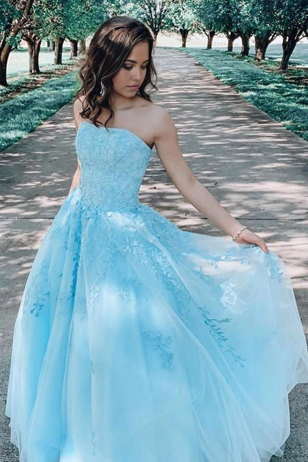 A-line Lace Appliques Blue Long Prom Dress Evening Dress