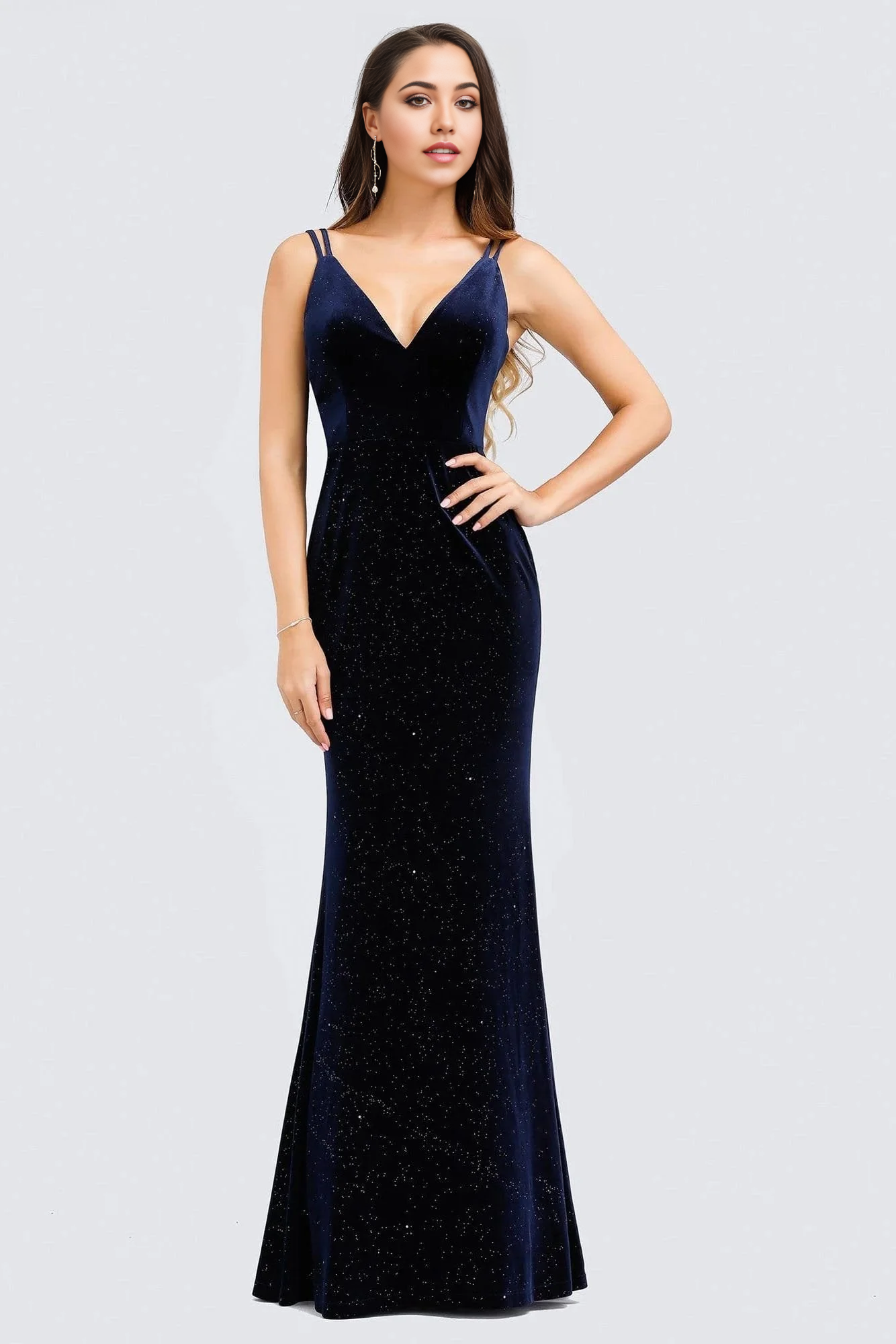 Mermaid V-Neck Spaghetti Straps Velvet Dark Navy Blue Evening Dress Prom Dresses