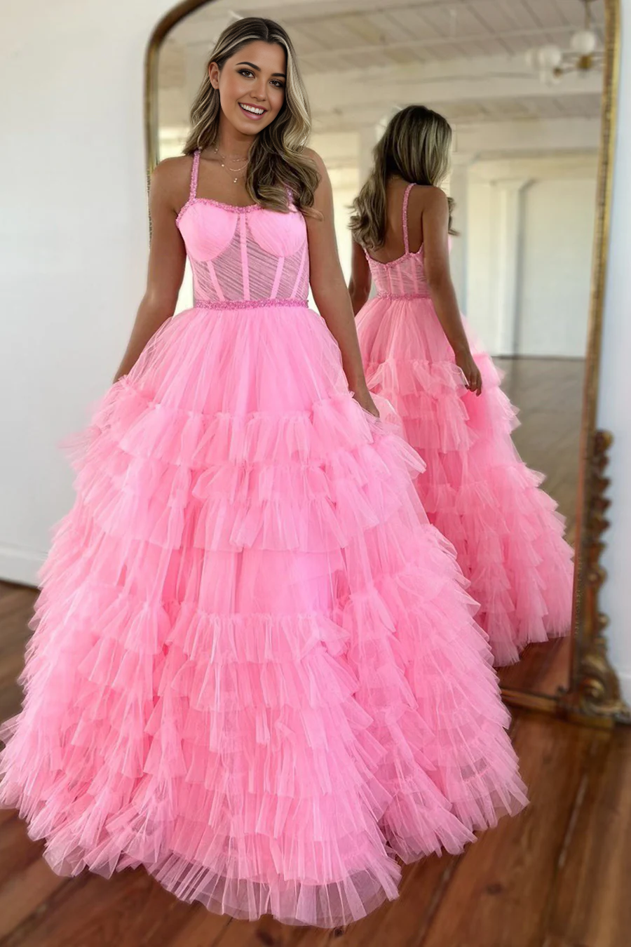 A Line Cute Scoop Neck Pink Tiered Tulle Long evening gown formal dresses Prom Dresses with Beading