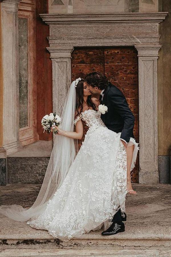 A-line Off the Shoulder Lace Tulle Ball Gown Wedding Dresses with Appliques