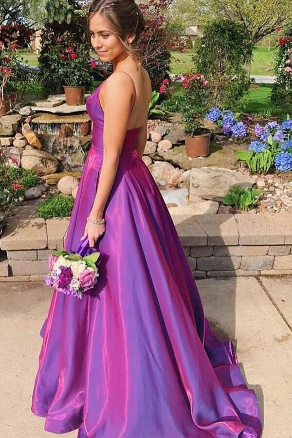 A-line Spaghetti Straps Satin Prom Dresses With Pockets