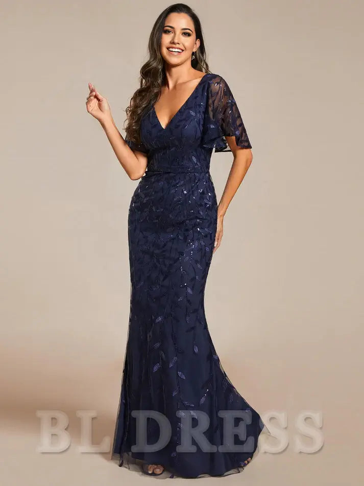 Sheath Ruffles Sleeves Sequin Embroidery evening gown formal dress Mother of The Bride Dress Prom Dresses