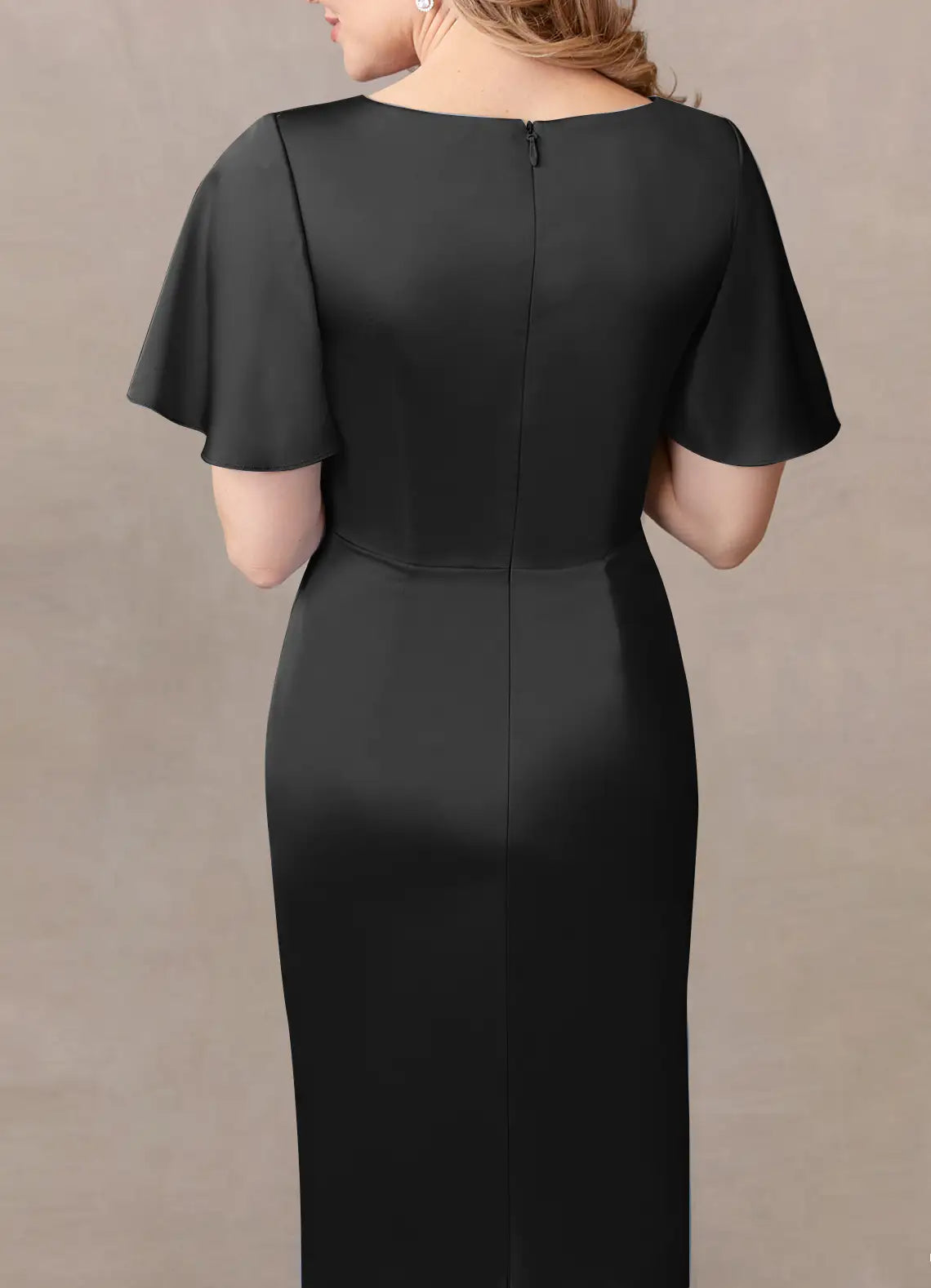 Sheath Crew Neck Pleated Tea Length Satin Black formal dresses evening dress Mother of the Bride Dresses