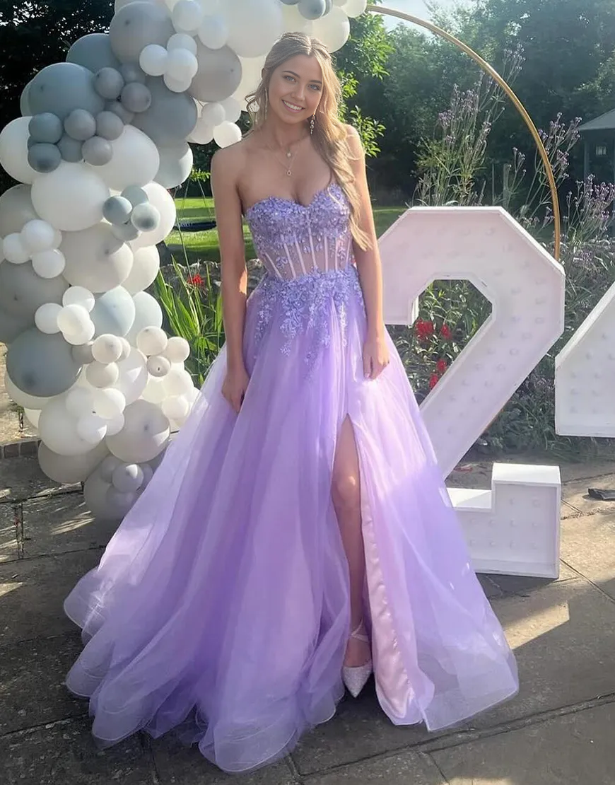 A-Line Strapless Corset Appliques Tulle Sparkly Lilac Long formal dresses evening dress Prom Dress with Slit