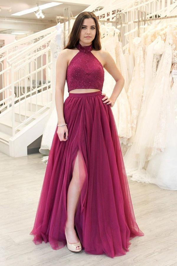 A-line Two Piece Fuchsia Prom Dresses Long Split Tulle Evening Dresses