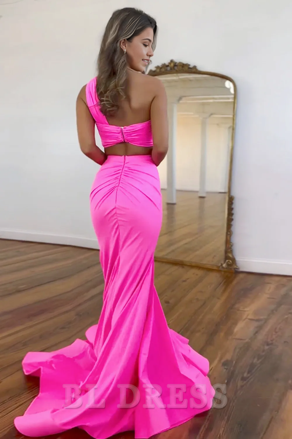Mermaid One Shoulder Cutout Waist Satin Long formal dresses evening gown Prom Dress