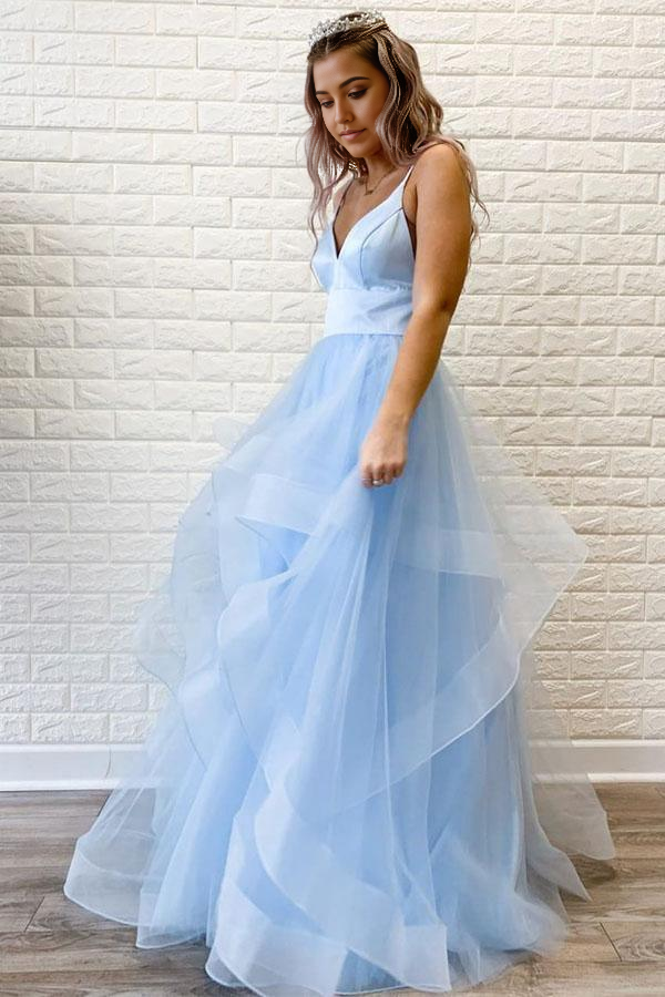 Spaghetti Straps Simple Pink Tulle Ruffles Long Prom Dresses Formal Dress