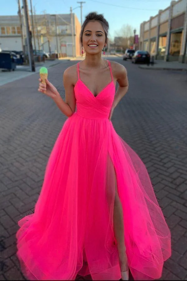 A Line V Neck Hot Pink Tulle Prom Dresses Formal Dresses