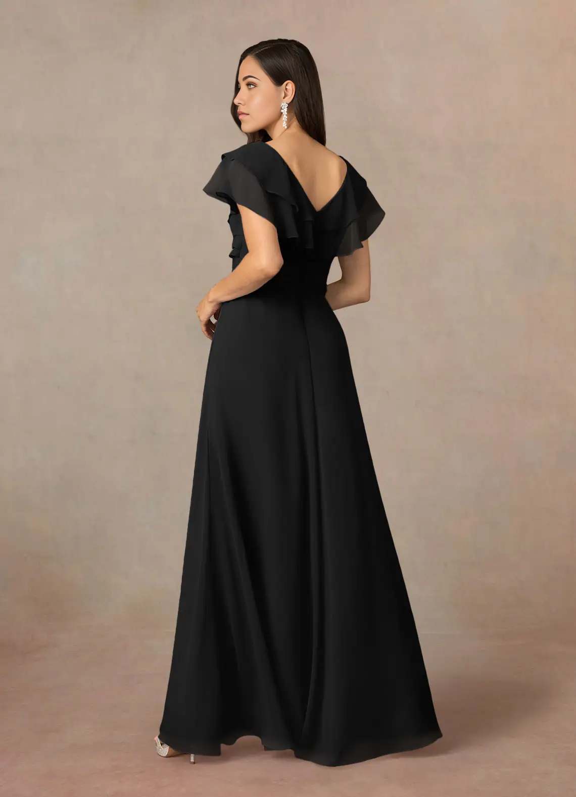 A-Line V-Neck Ruched Chiffon Black Mother of the Bride Dresses