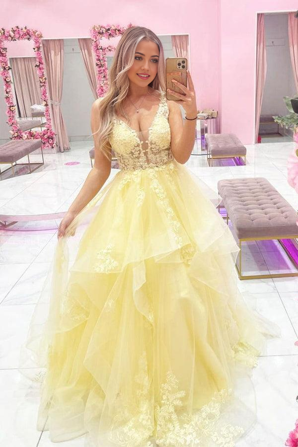 A-line V Neck Tulle Lace Yellow Long Prom Dress Evening Dress