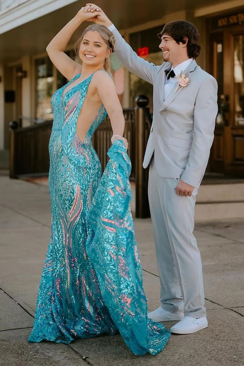 Mermaid V Neck Sequin Blue Long Prom Dress