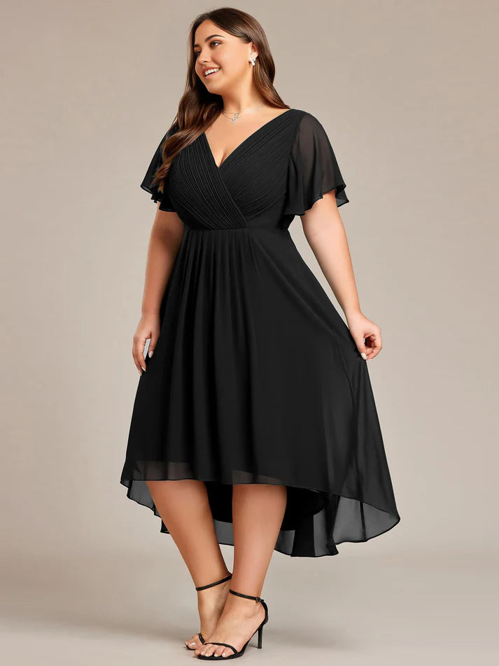 Plus Size A Line V Neck Chiffon Short Sleeves Knee Length evening gown formal dress Prom Dresses