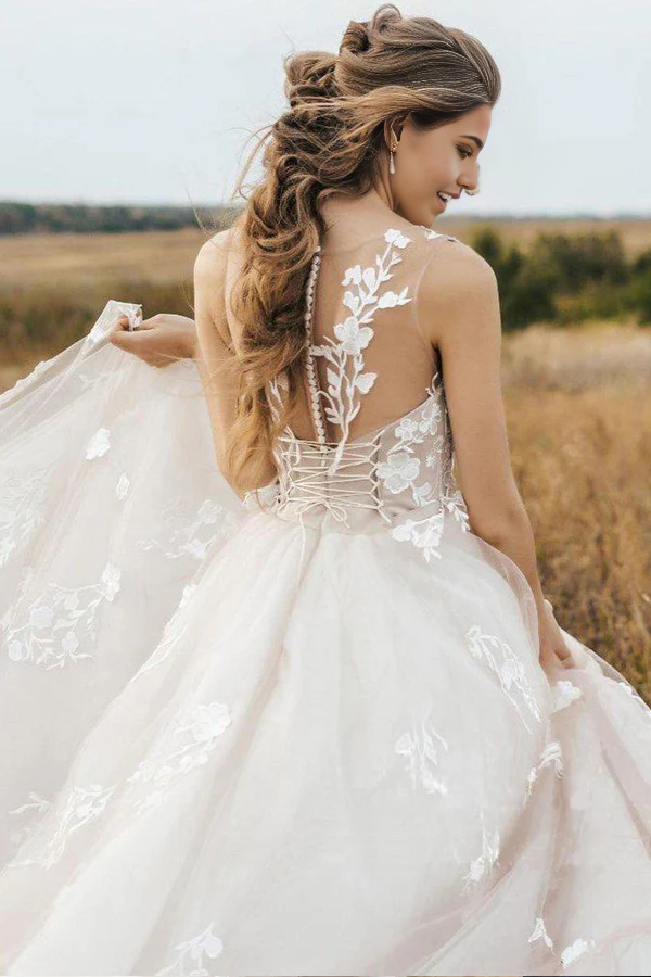 A Line Vintage Lace Scoop Neckline Tulle Wedding Bridal Dress Wedding Dresses