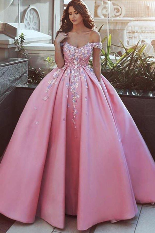 A-line Off-the-Shoulder Pink Satin Ball Gown Prom Dress with Appliques
