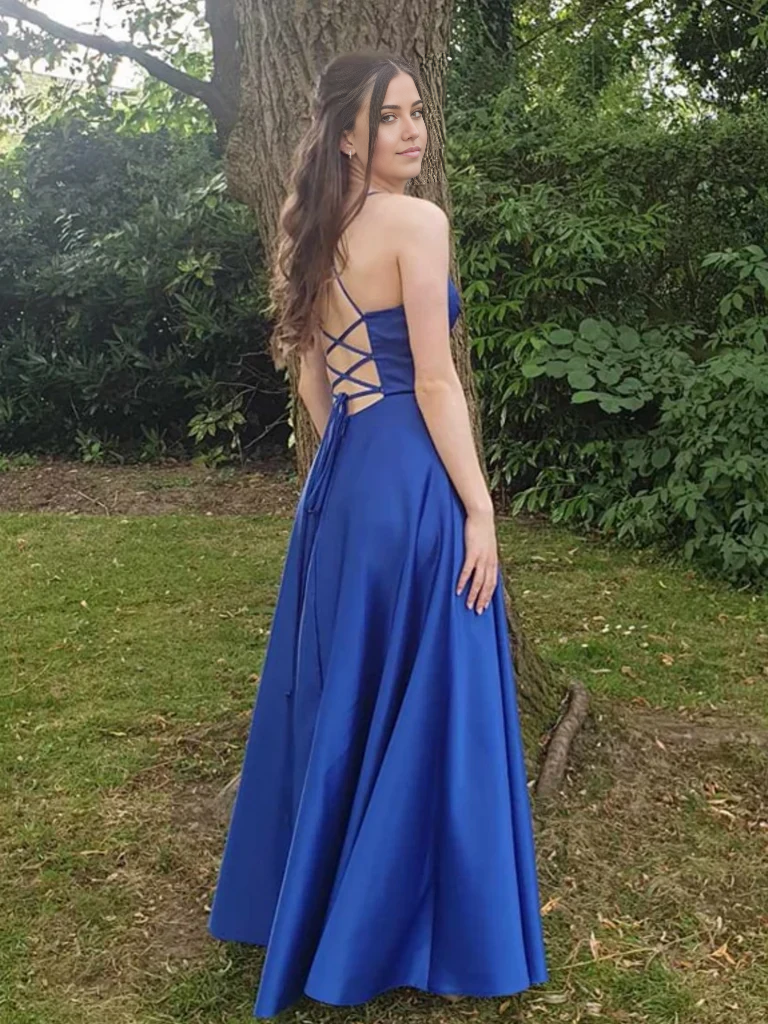 A Line V Neck Open Backless Long Prom DressesLong Formal Evening Dresses