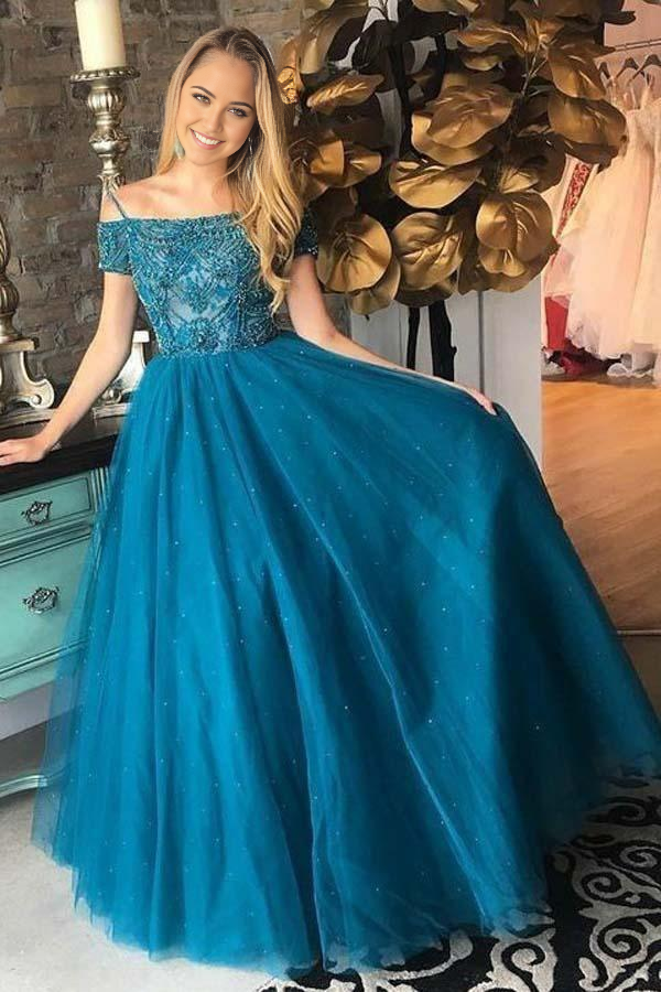 A-line Off-the-Shoulder Dark Blue Tulle Ball Gown Prom Dress with Beading