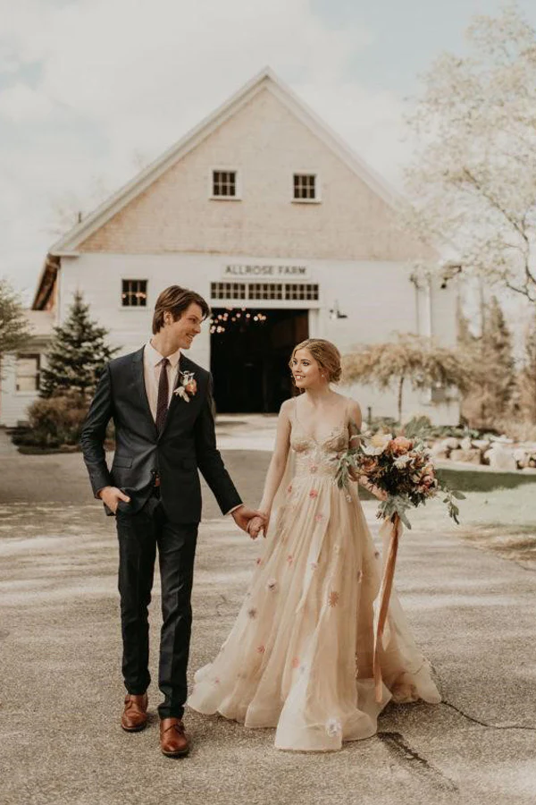 A-line 3D Flower Colorful V Neck Tulle Forest Wedding Dresses