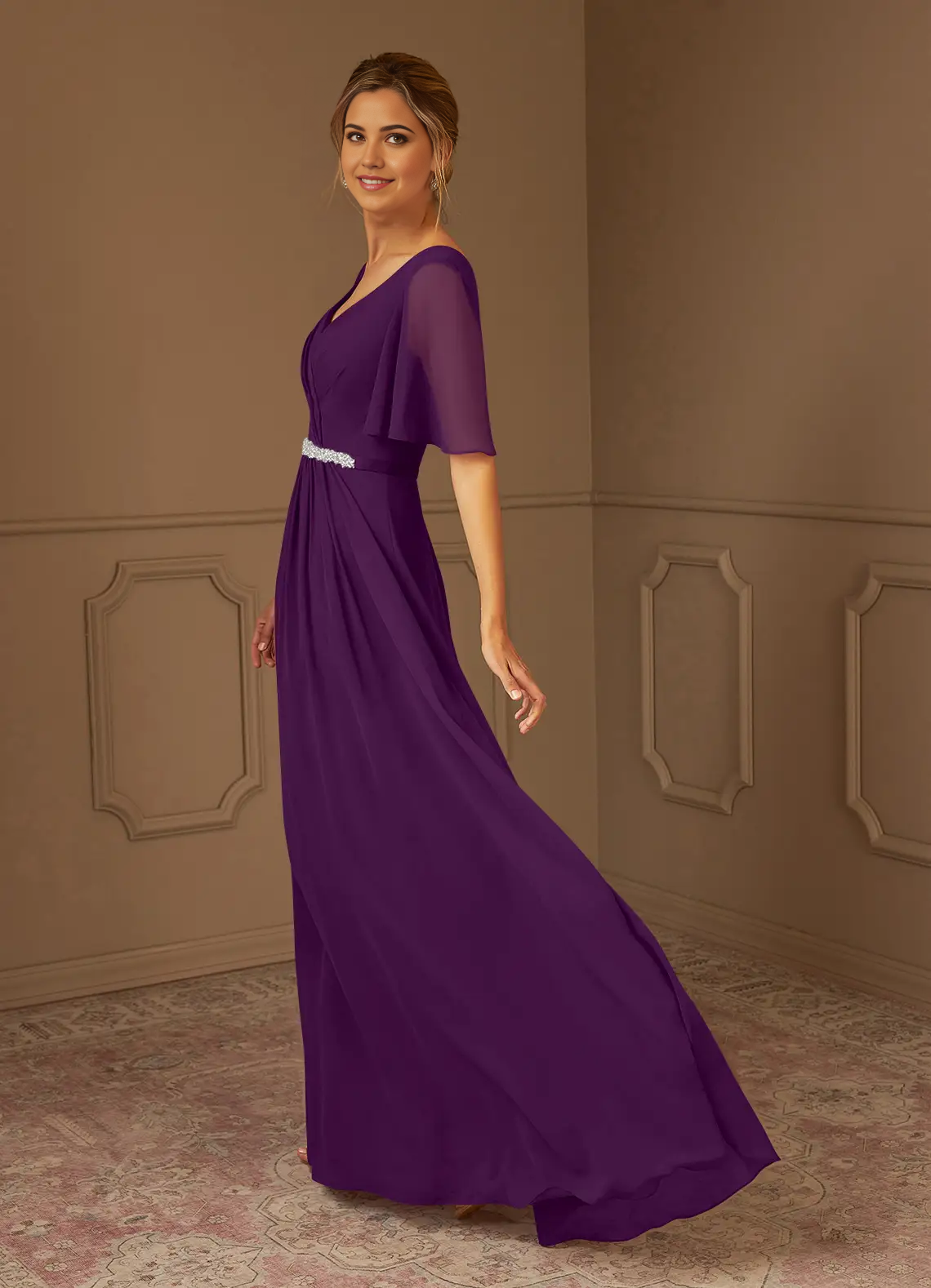 A-Line V-Neck Pleated Chiffon Grape formal dresses evening dress Mother of the Bride Dresses