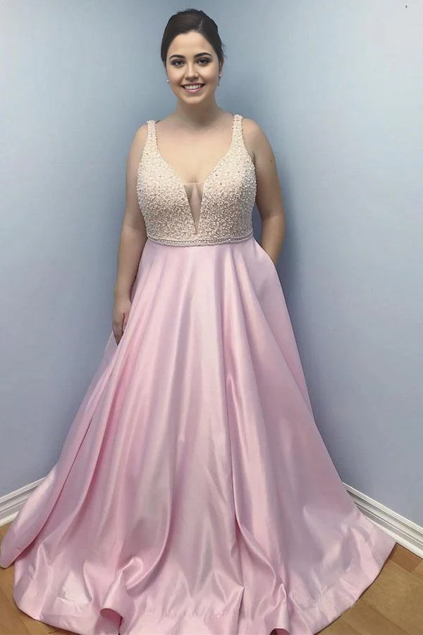Plus Size Simple Pink Satin Beaded Long Prom Dresses