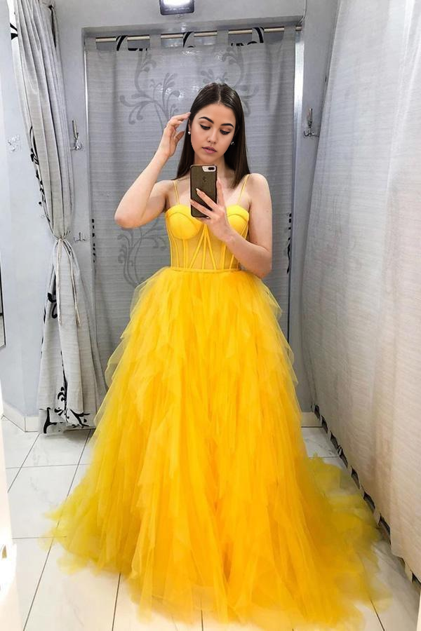 A Line Sleeveless Yellow Tulle Prom Dress Evening Gown