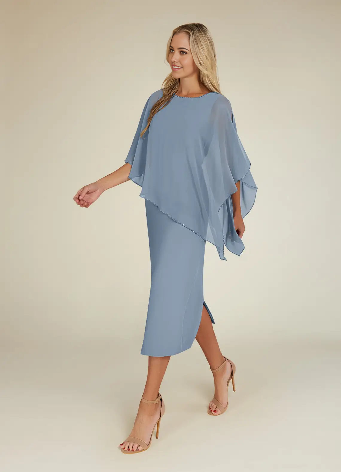 Sheath Sequins Crew Neck Chiffon Dusty Blue formal dresses evening dress Mother of the Bride Dresses