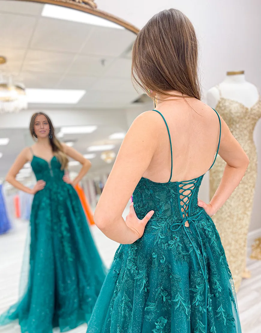 A-Line Sparkly Spaghetti Straps Corset Tulle Emerald Green Long formal dresses evening gown Prom Dress with Appliques