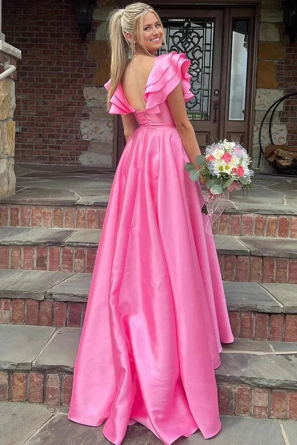 A-line V-neck Silky Satin Long Prom Dresses With Ruffles