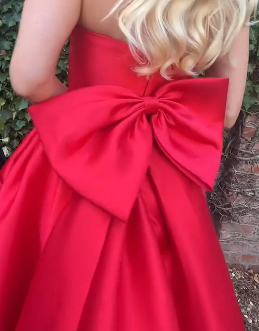 A-Line Strapless Black Satin Long formal dresses evening dress Prom Dress with Bow