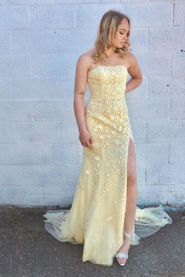 Mermaid Strapless Sky Blue Split Prom Dresses Formal Dress With Lace