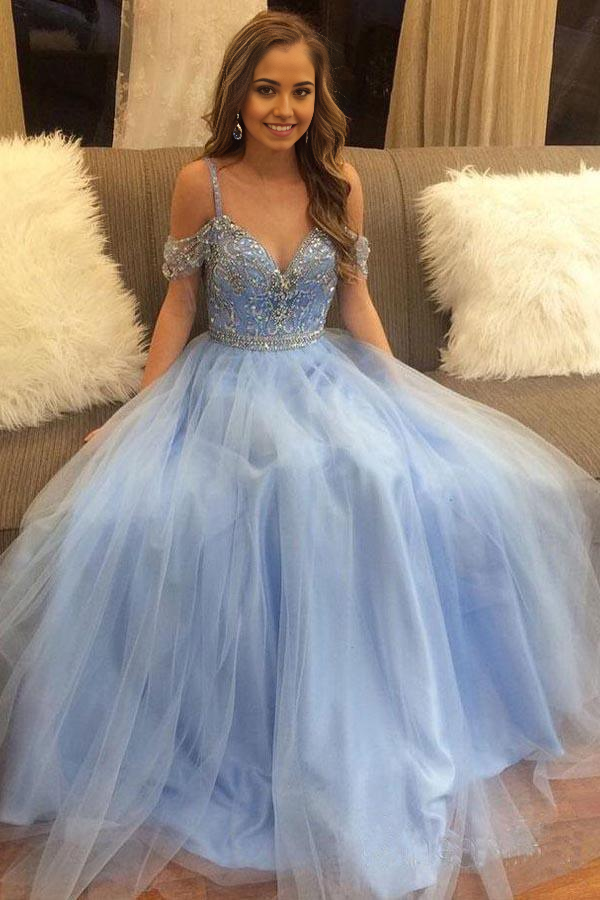 A-line Off the Shoulder Sky Blue Beaded Tulle Prom Dresses Long Formal Dresses